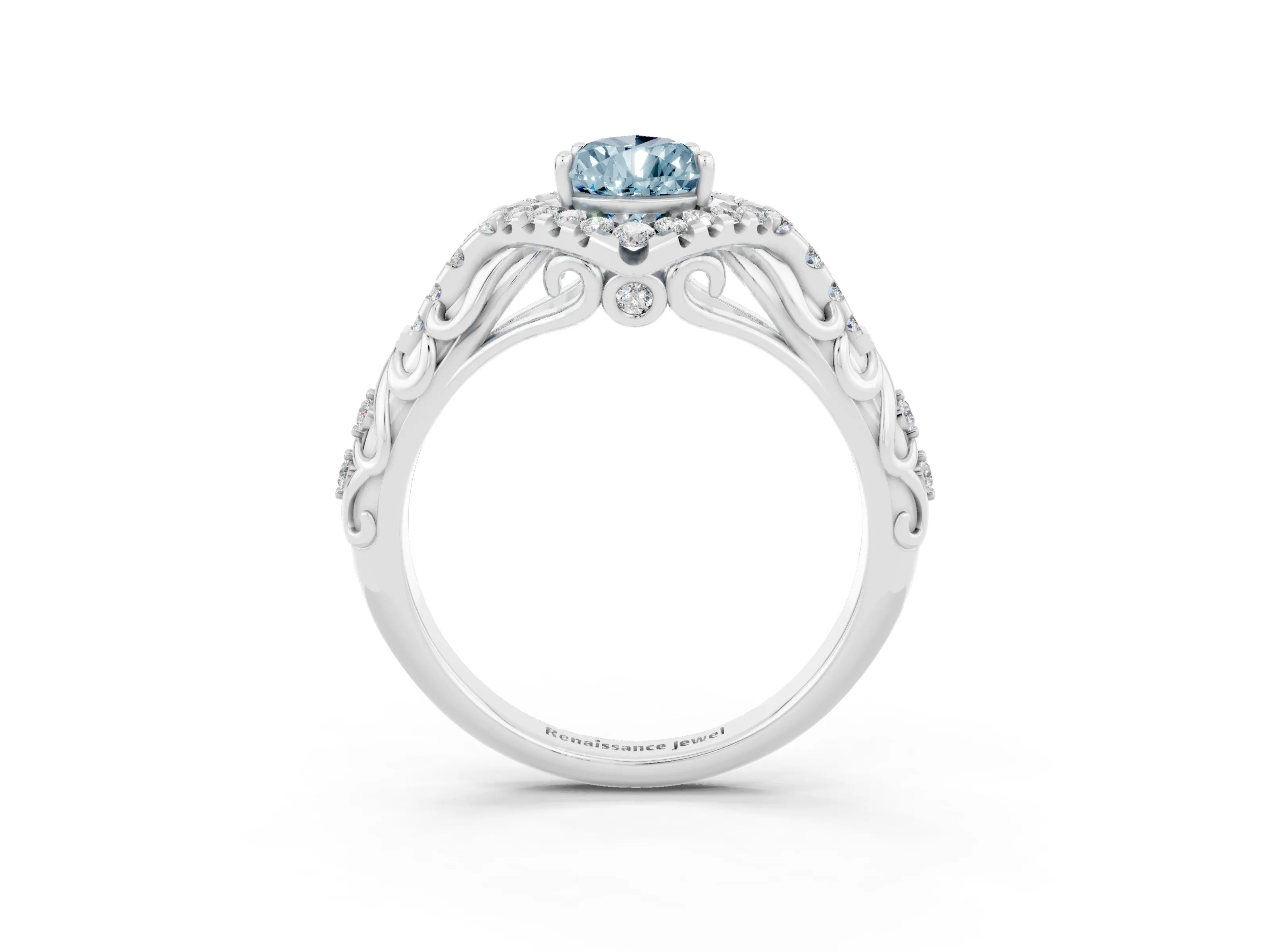 White gold Pear Cut Aquamarine Solitaire Ring with Hidden Halo and Pavé Band_39