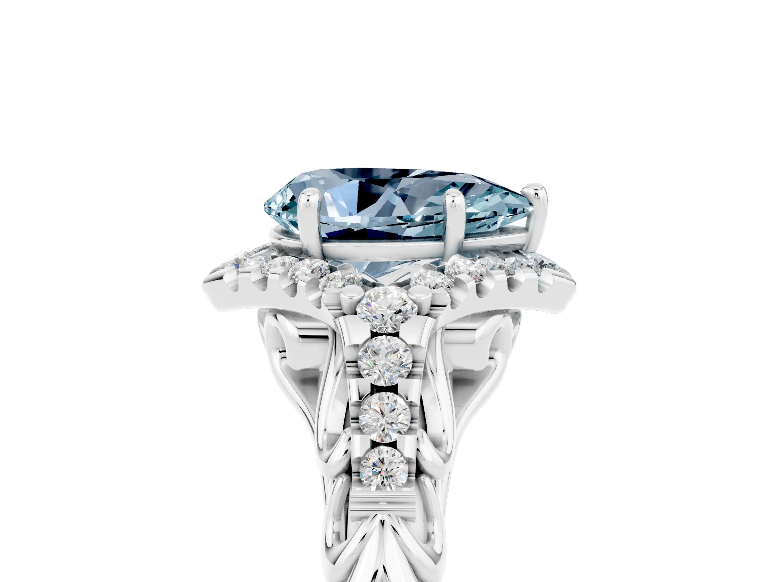 White gold Pear Cut Aquamarine Solitaire Ring with Hidden Halo and Pavé Band_41