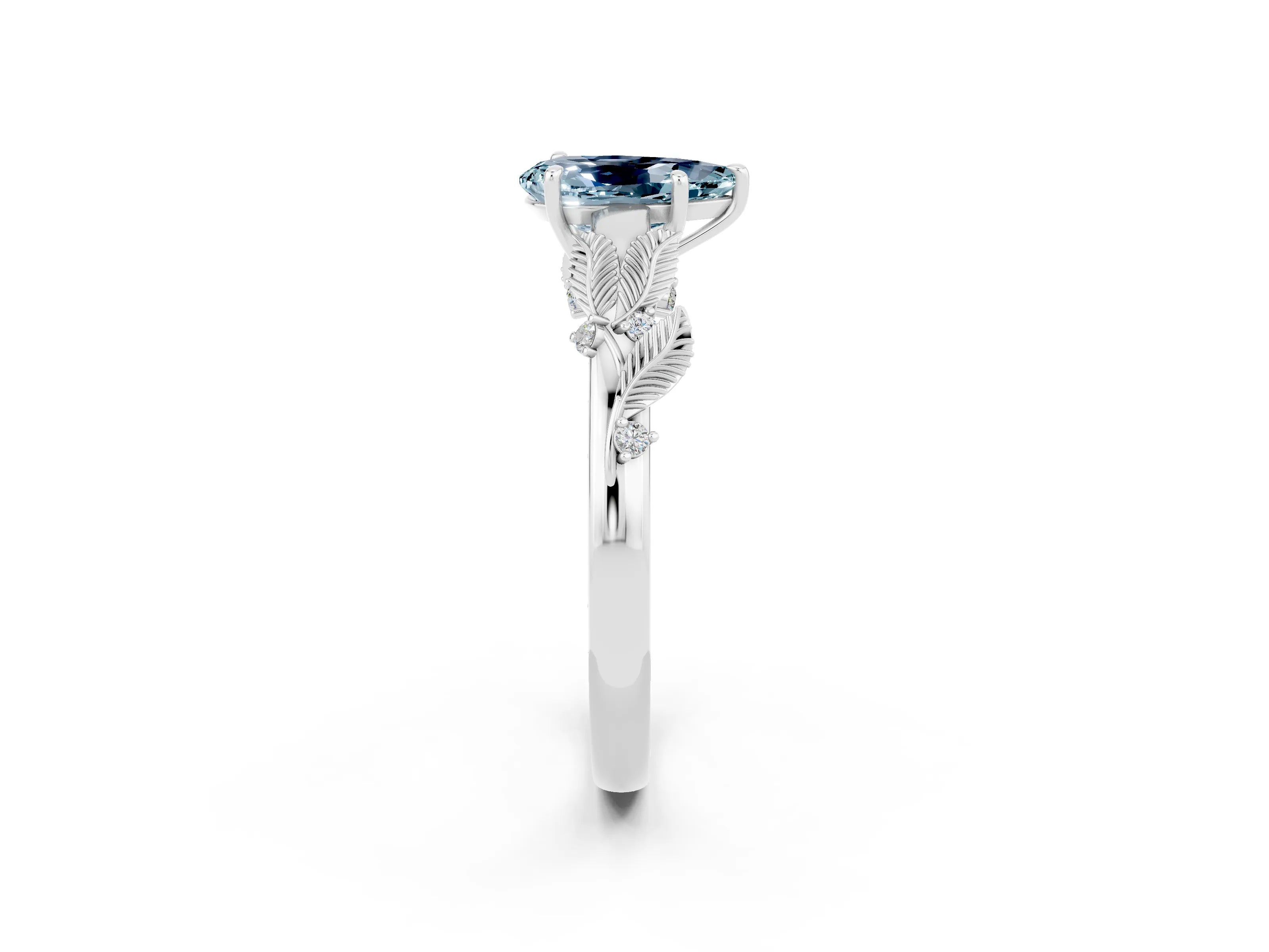 White gold Pear Cut Aquamarine Solitaire Ring with Leaf Motif Band and Four-Prong Setting_14