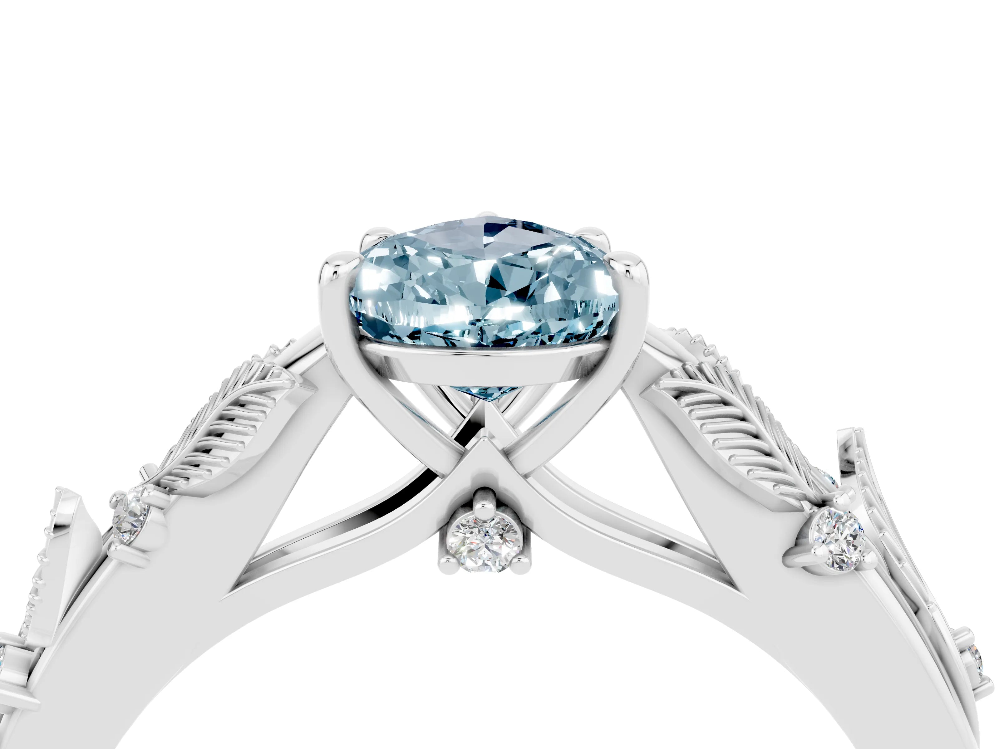 White gold Pear Cut Aquamarine Solitaire Ring with Leaf Motif Band and Four-Prong Setting_16
