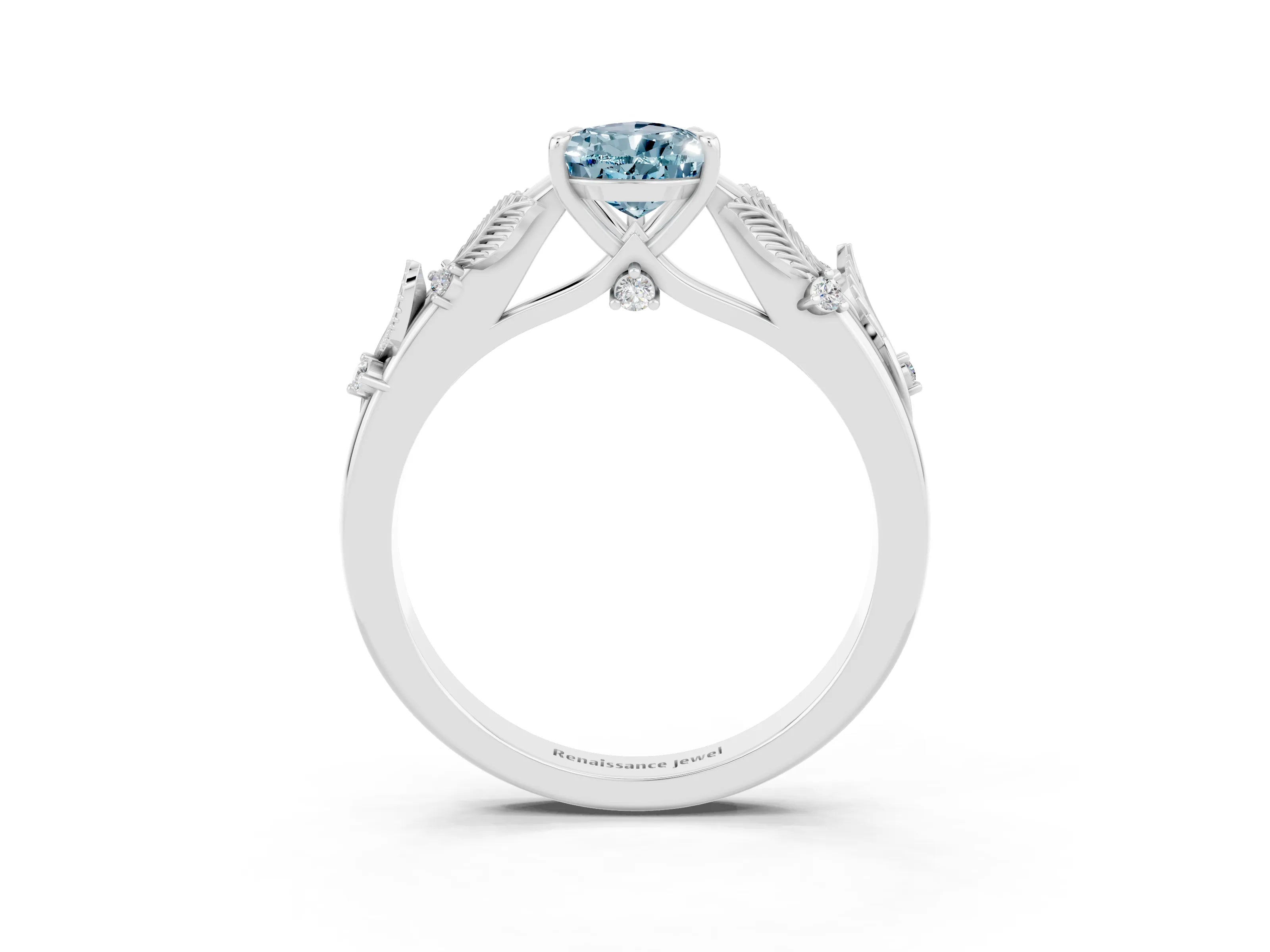 White gold Pear Cut Aquamarine Solitaire Ring with Leaf Motif Band and Four-Prong Setting_3