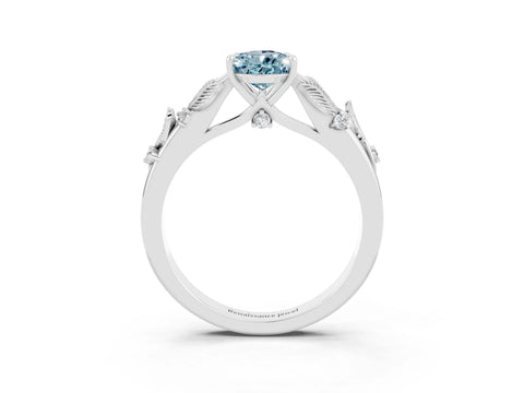 White gold Pear Cut Aquamarine Solitaire Ring with Leaf Motif Band and Four-Prong Setting_3