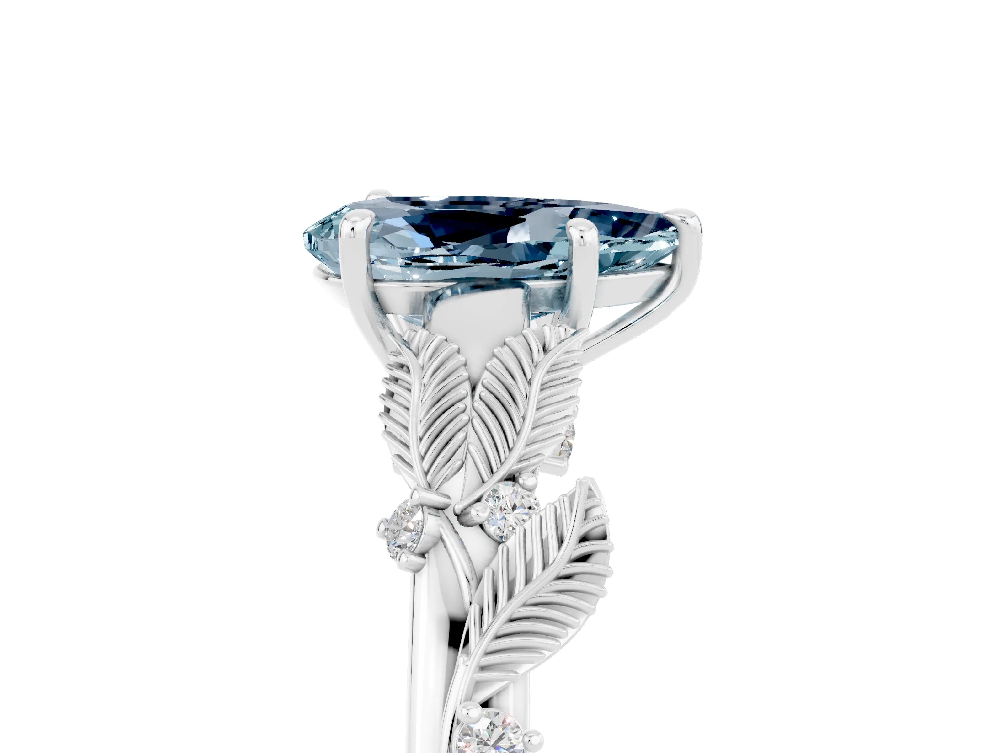 White gold Pear Cut Aquamarine Solitaire Ring with Leaf Motif Band and Four-Prong Setting_5