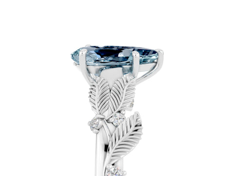 White gold Pear Cut Aquamarine Solitaire Ring with Leaf Motif Band and Four-Prong Setting_5