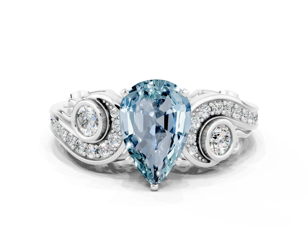 Platinum Pear Cut Aquamarine Solitaire Ring with Milgrain Pavé Band and Four-Prong Setting