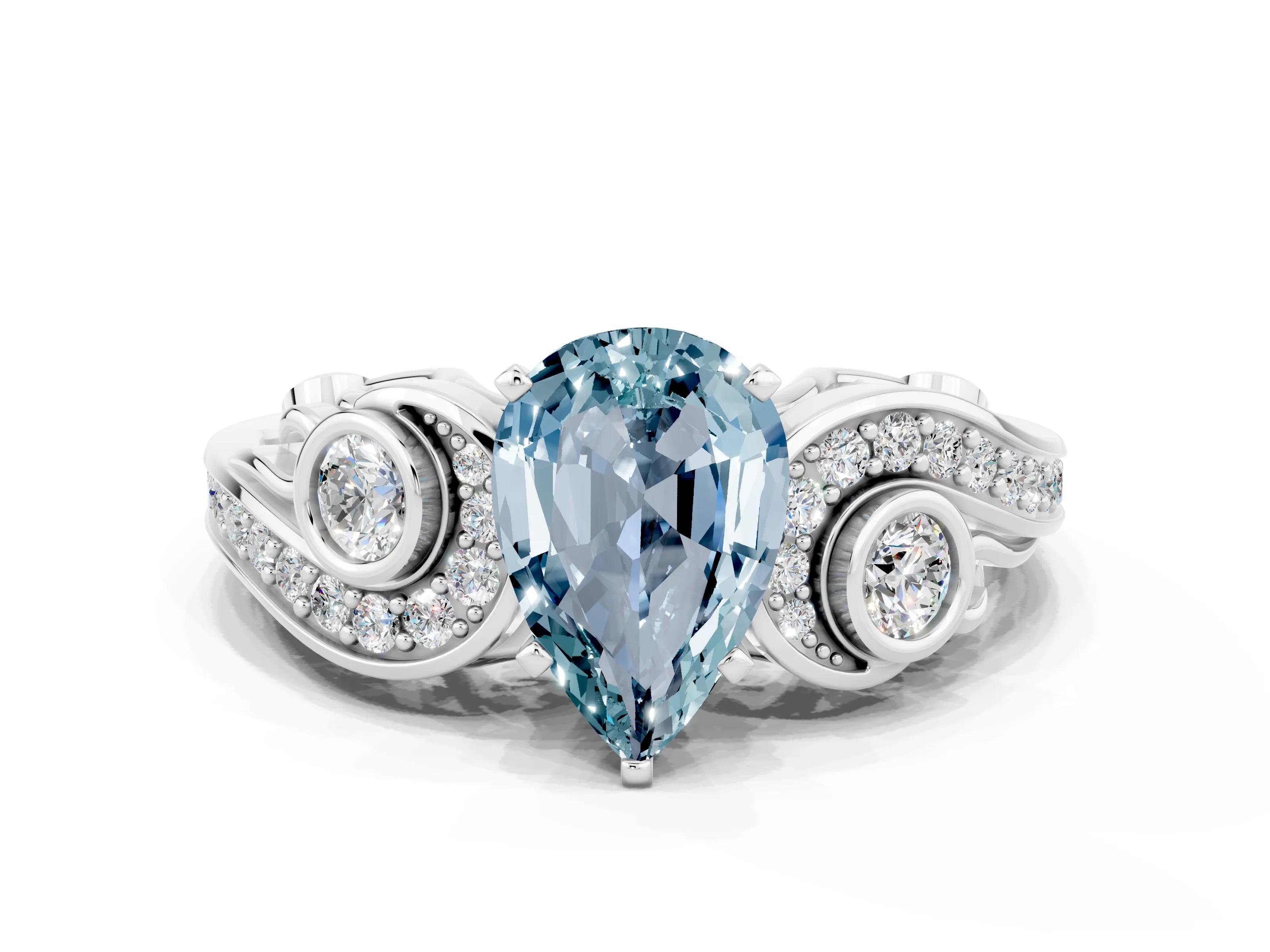 White gold Pear Cut Aquamarine Solitaire Ring with Milgrain Pavé Band and Four-Prong Setting_12