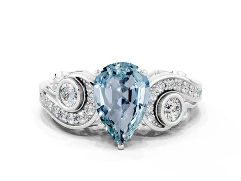 White gold Pear Cut Aquamarine Solitaire Ring with Milgrain Pavé Band and Four-Prong Setting_12