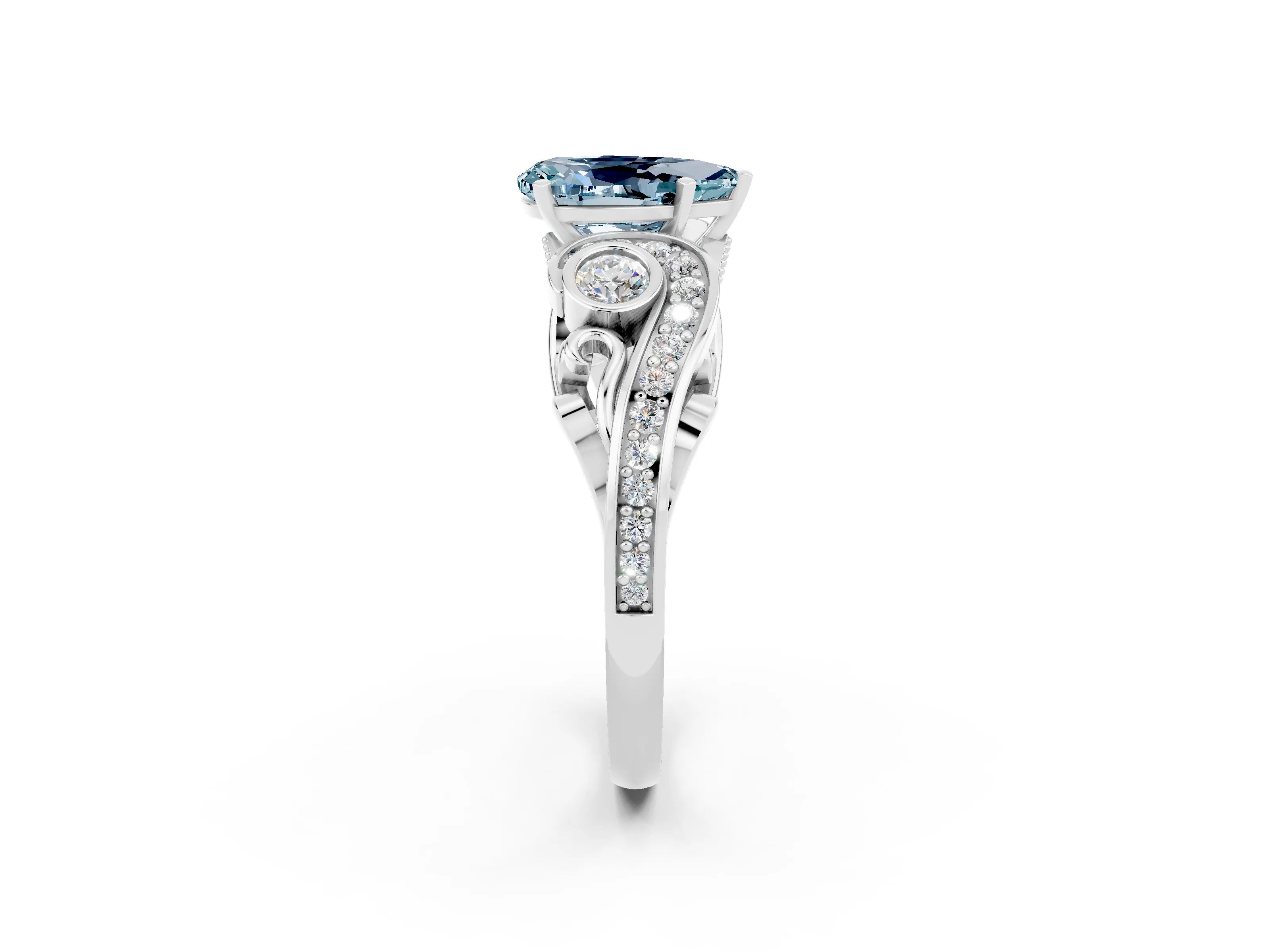 White gold Pear Cut Aquamarine Solitaire Ring with Milgrain Pavé Band and Four-Prong Setting_14