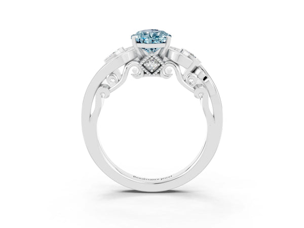 Silver Pear Cut Aquamarine Solitaire Ring with Milgrain Pavé Band and Four-Prong Setting