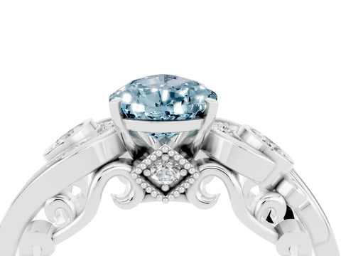 White gold Pear Cut Aquamarine Solitaire Ring with Milgrain Pavé Band and Four-Prong Setting_16