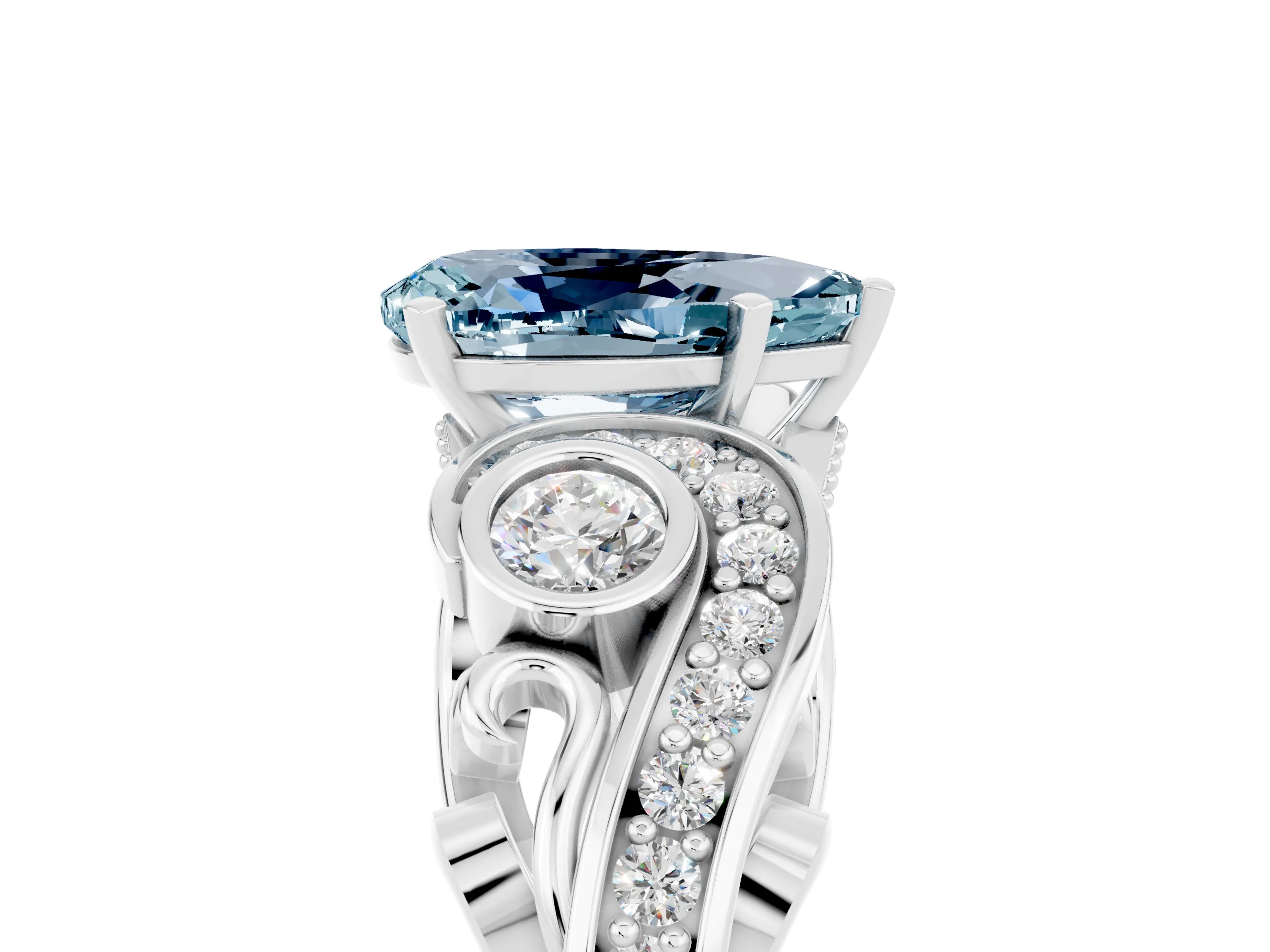 White gold Pear Cut Aquamarine Solitaire Ring with Milgrain Pavé Band and Four-Prong Setting_17