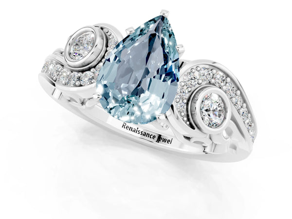White gold Pear Cut Aquamarine Solitaire Ring with Milgrain Pavé Band and Four-Prong Setting