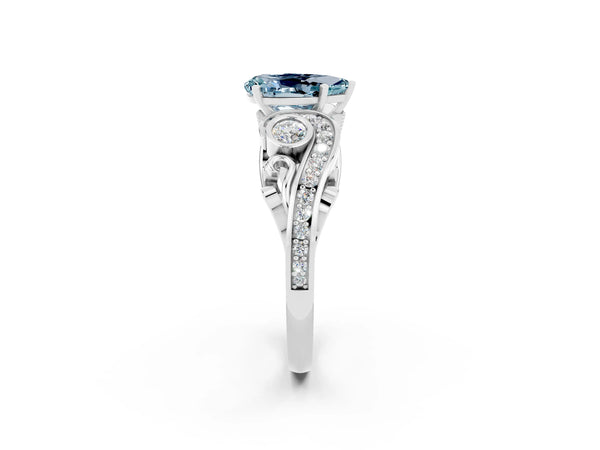 White gold Pear Cut Aquamarine Solitaire Ring with Milgrain Pavé Band and Four-Prong Setting