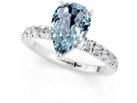 White gold Pear Cut Aquamarine Solitaire Ring with Pavé Accents and Four-Prong Setting_1