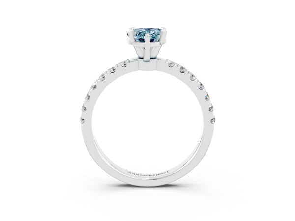 Platinum Pear Cut Aquamarine Solitaire Ring with Pavé Accents and Four-Prong Setting