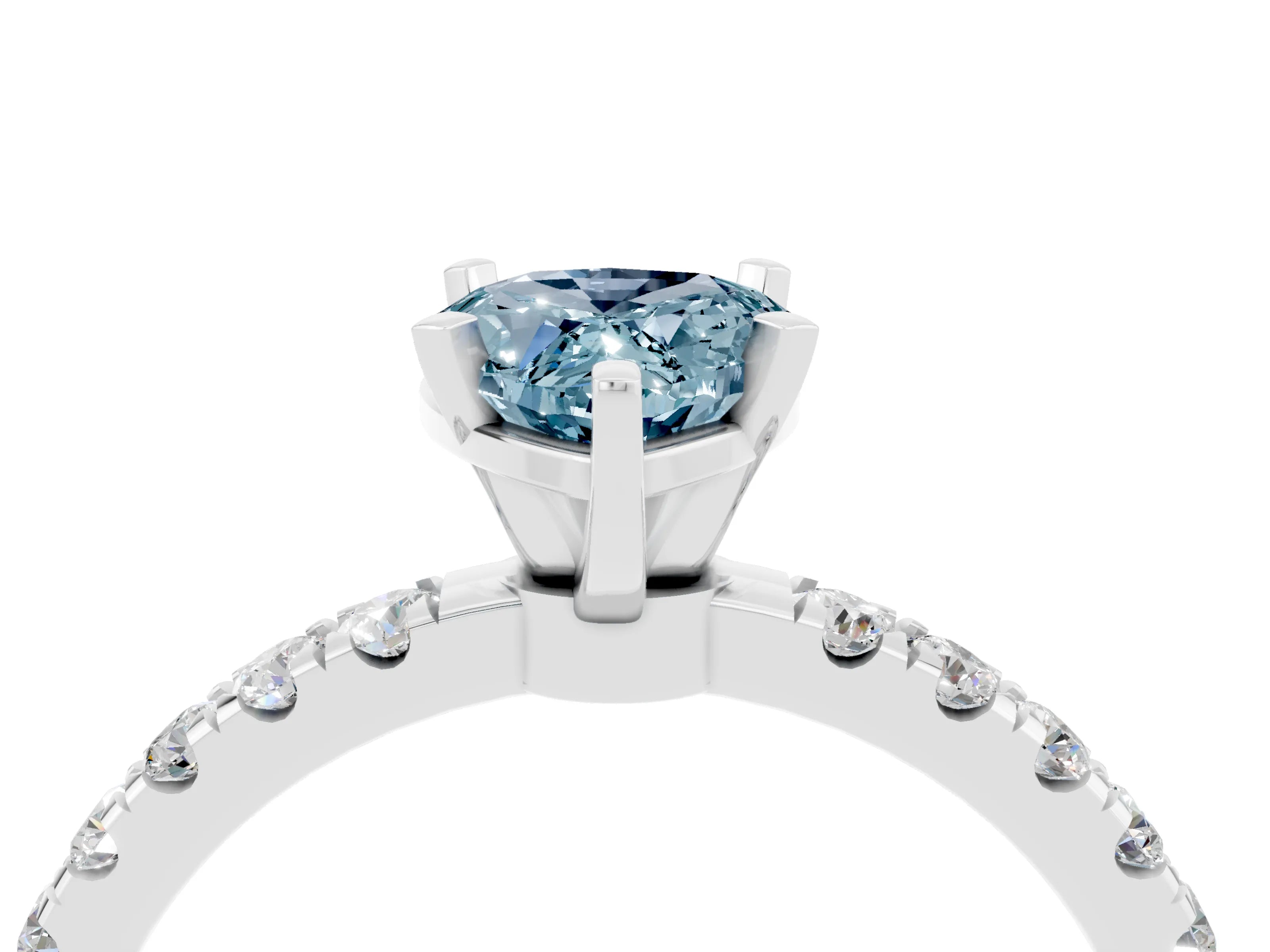 White gold Pear Cut Aquamarine Solitaire Ring with Pavé Accents and Four-Prong Setting_4