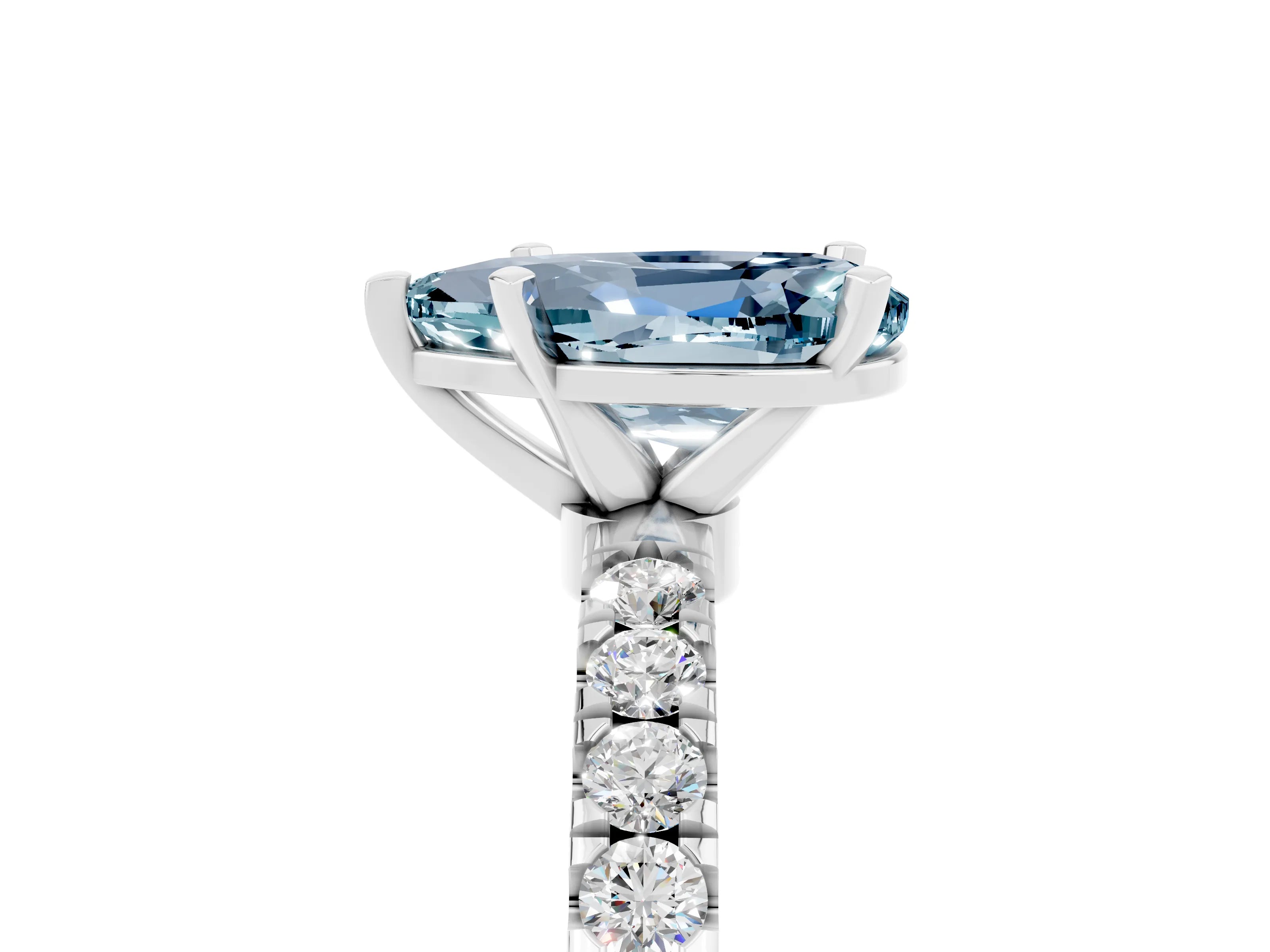 White gold Pear Cut Aquamarine Solitaire Ring with Pavé Accents and Four-Prong Setting_5
