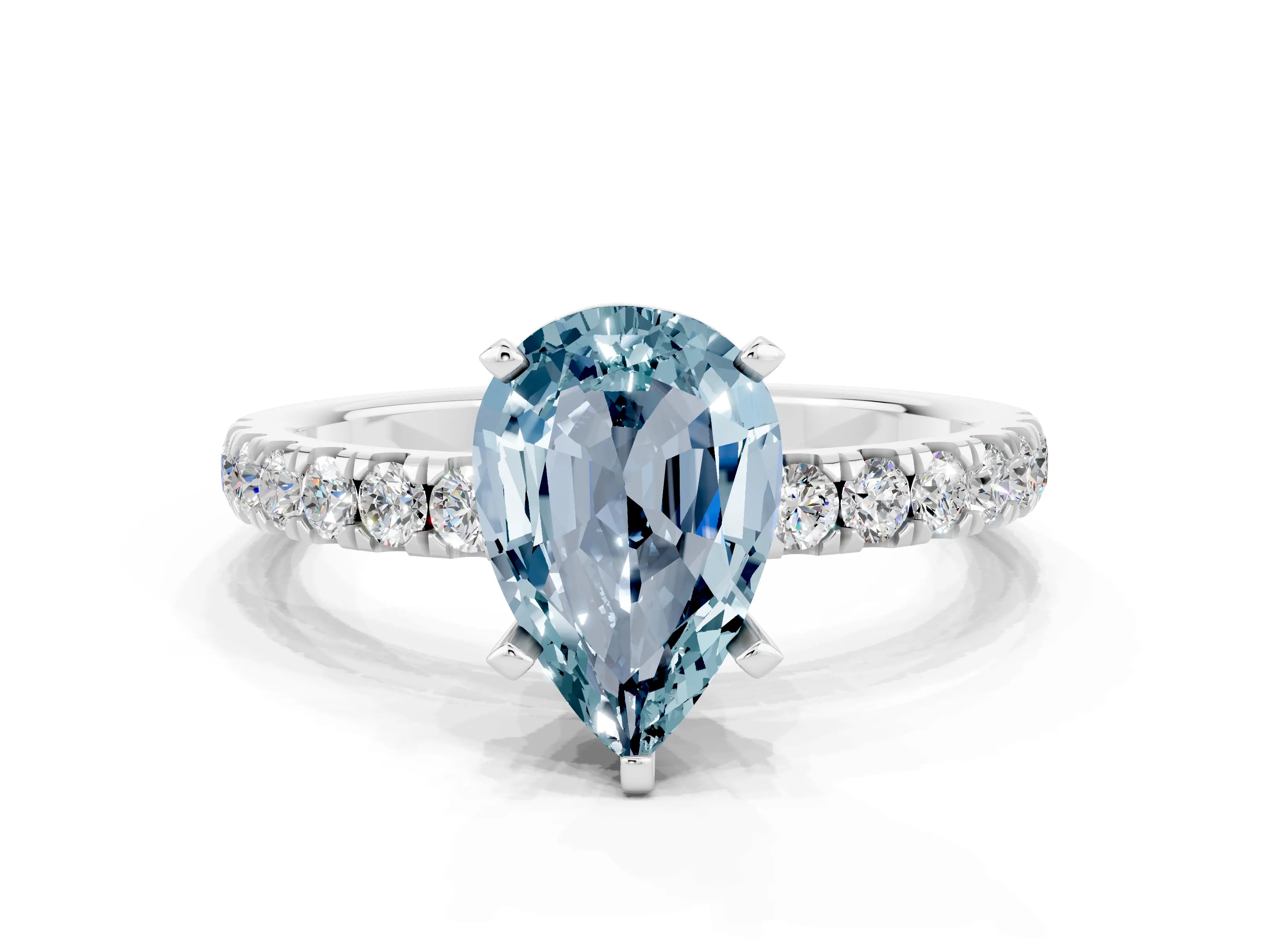 White gold Pear Cut Aquamarine Solitaire Ring with Pavé Accents and Four-Prong Setting