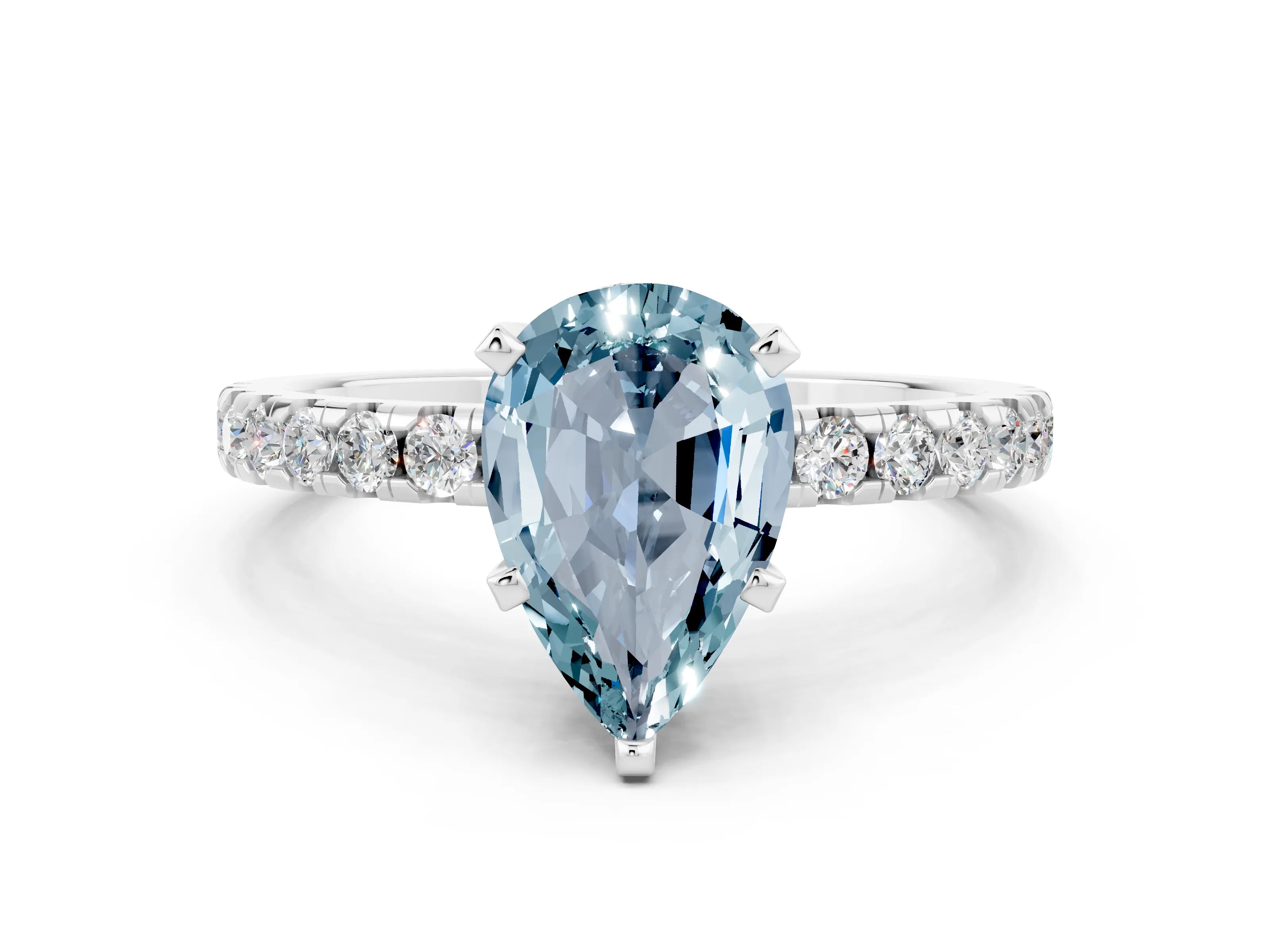White gold Pear Cut Aquamarine Solitaire Ring with Pavé Band and Four-Prong Setting_24