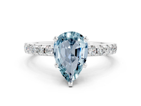 White gold Pear Cut Aquamarine Solitaire Ring with Round  Pavé Band and Four-Prong Setting