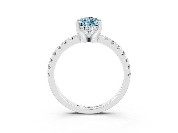 White gold Pear Cut Aquamarine Solitaire Ring with Round  Pavé Band and Four-Prong Setting