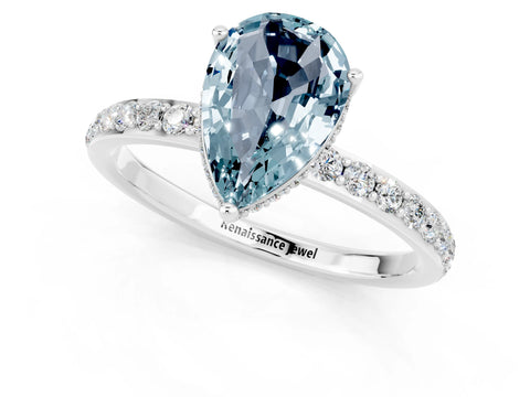 White gold Pear Cut Aquamarine Solitaire Ring with Pavé Band and Hidden Halo_1