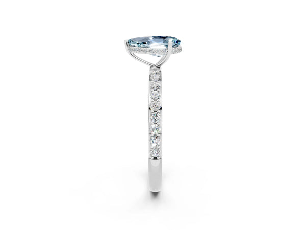 White gold Pear Cut Aquamarine Solitaire Ring with Pavé Band and Hidden Halo