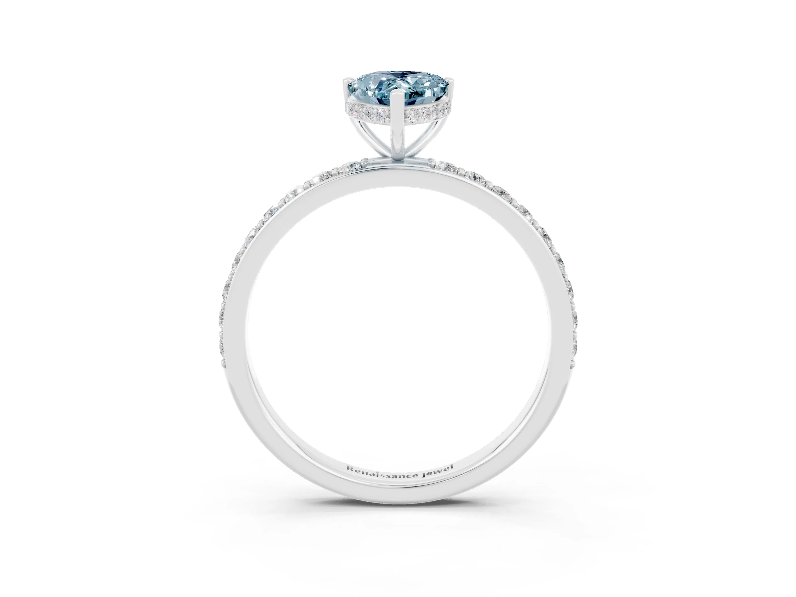 White gold Pear Cut Aquamarine Solitaire Ring with Pavé Band and Hidden Halo_27