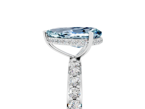 White gold Pear Cut Aquamarine Solitaire Ring with Pavé Band and Hidden Halo_29
