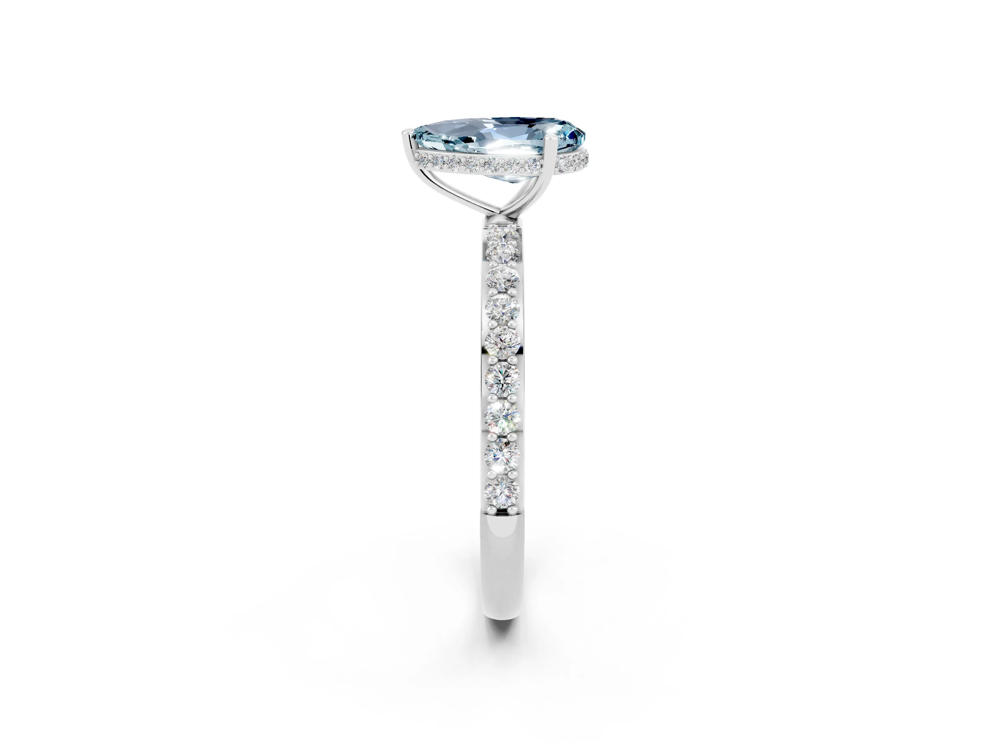 White gold Pear Cut Aquamarine Solitaire Ring with Pavé Band and Hidden Halo_2