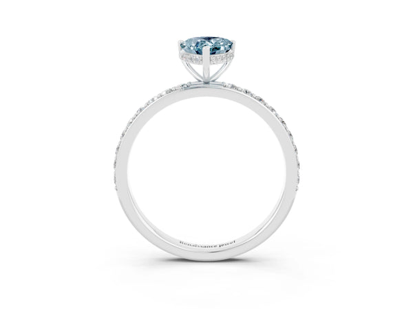 Silver Pear Cut Aquamarine Solitaire Ring with Pavé Band and Hidden Halo