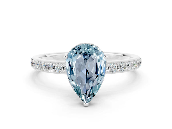 Silver Pear Cut Aquamarine Solitaire Ring with Pavé Band and Hidden Halo