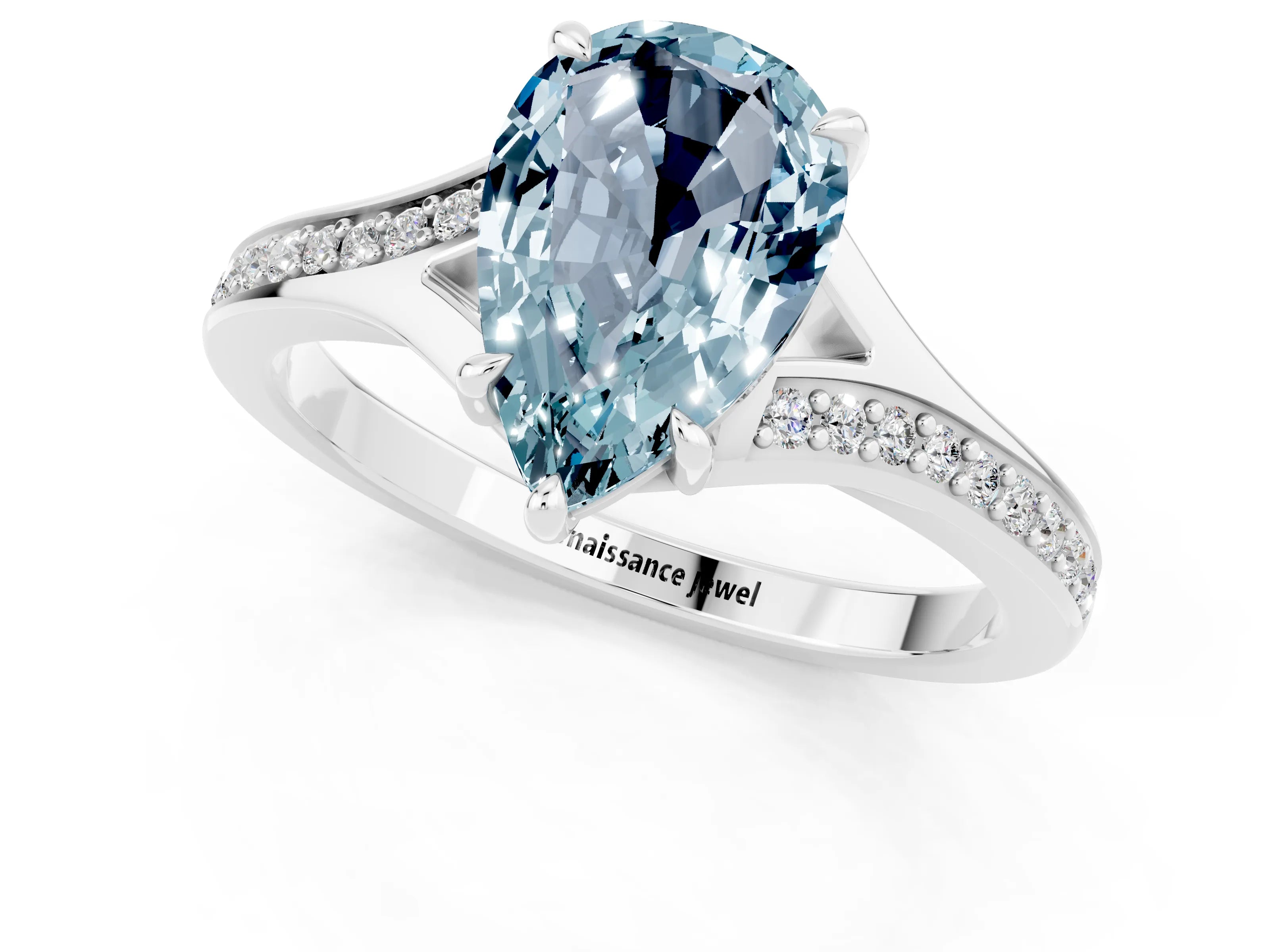 White gold Pear Cut Aquamarine Solitaire Ring with Pavé Band and Prong Setting_1
