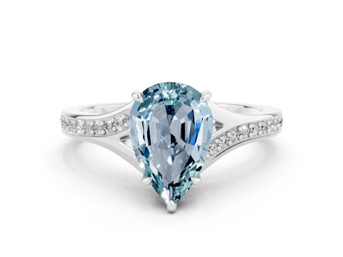 White gold Pear Cut Aquamarine Solitaire Ring with Pavé Band and Prong Setting_12