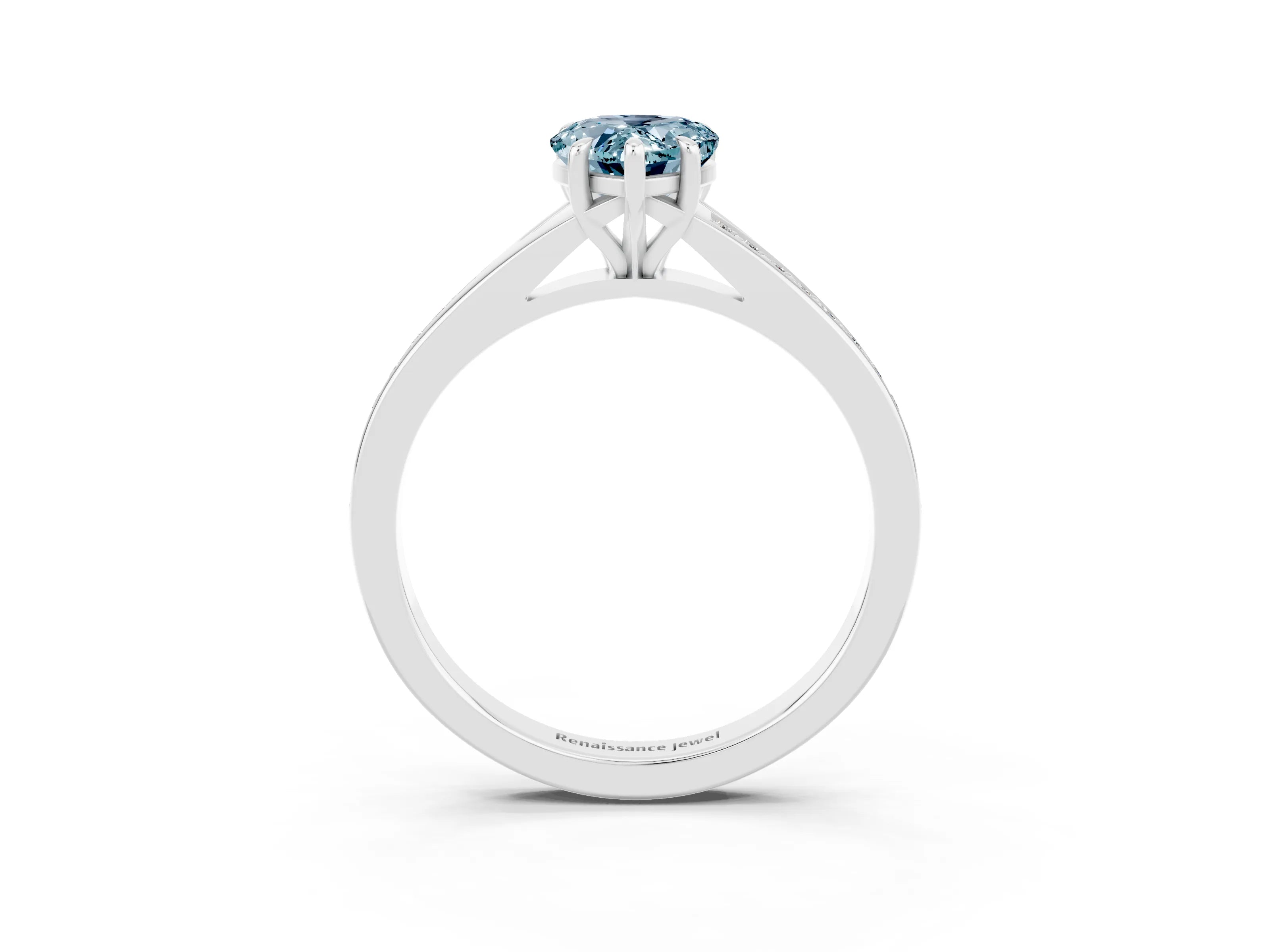 White gold Pear Cut Aquamarine Solitaire Ring with Pavé Band and Prong Setting_15