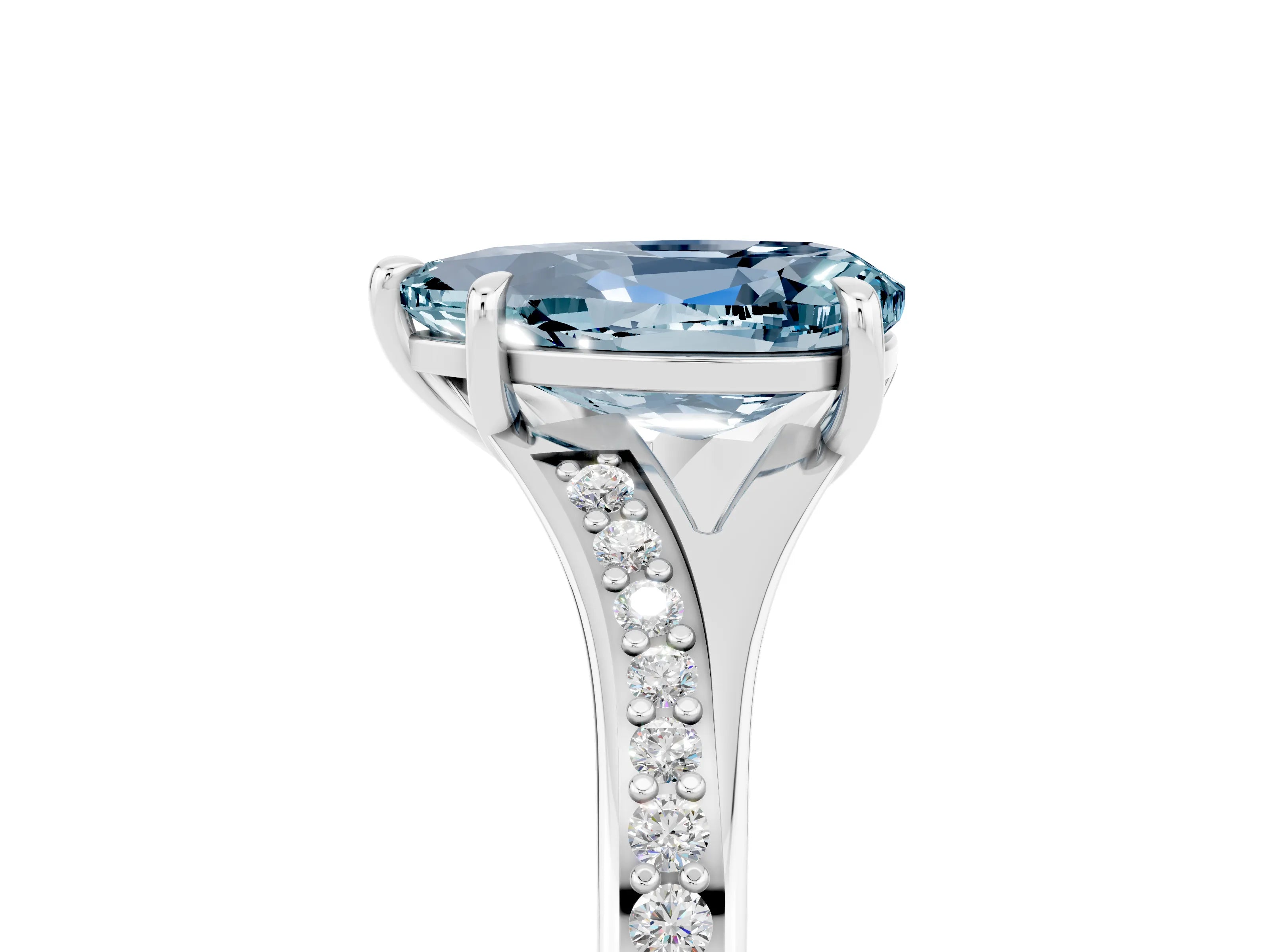 White gold Pear Cut Aquamarine Solitaire Ring with Pavé Band and Prong Setting_17