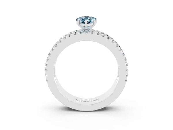 Silver Pear Cut Aquamarine Solitaire Ring with Pavé and Channel Set Band