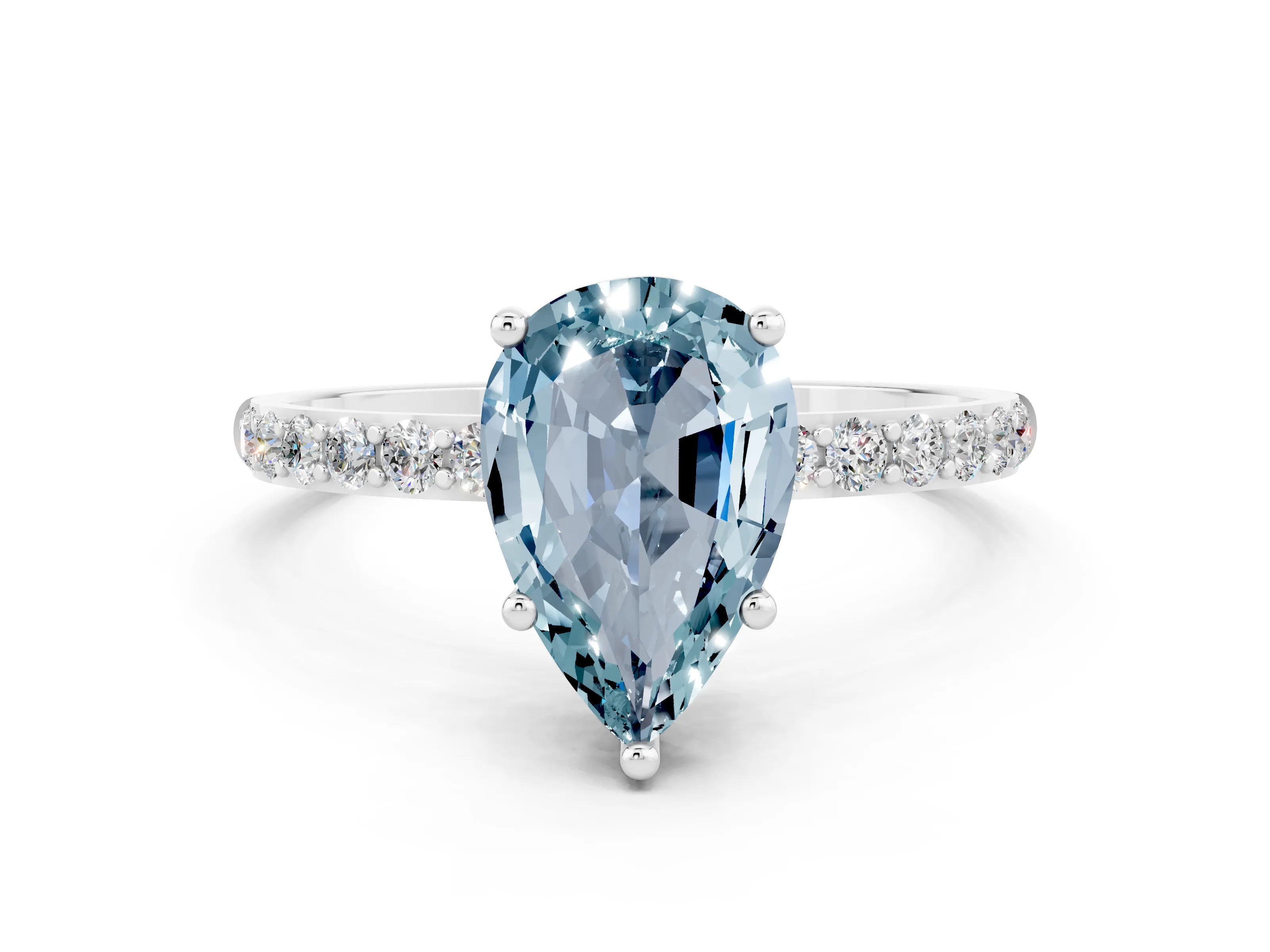 White gold Pear Cut Aquamarine Solitaire Ring with Pave Band and Four Prong Setting_12