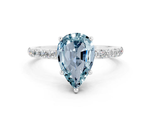 White gold Pear Cut Aquamarine Solitaire Ring with Pave Band and Four Prong Setting_12