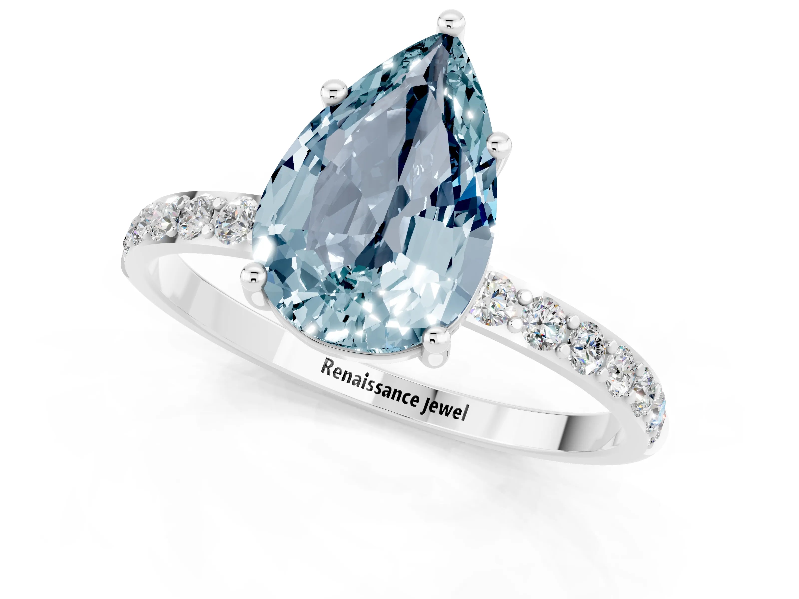 White gold Pear Cut Aquamarine Solitaire Ring with Pave Band and Four Prong Setting_13