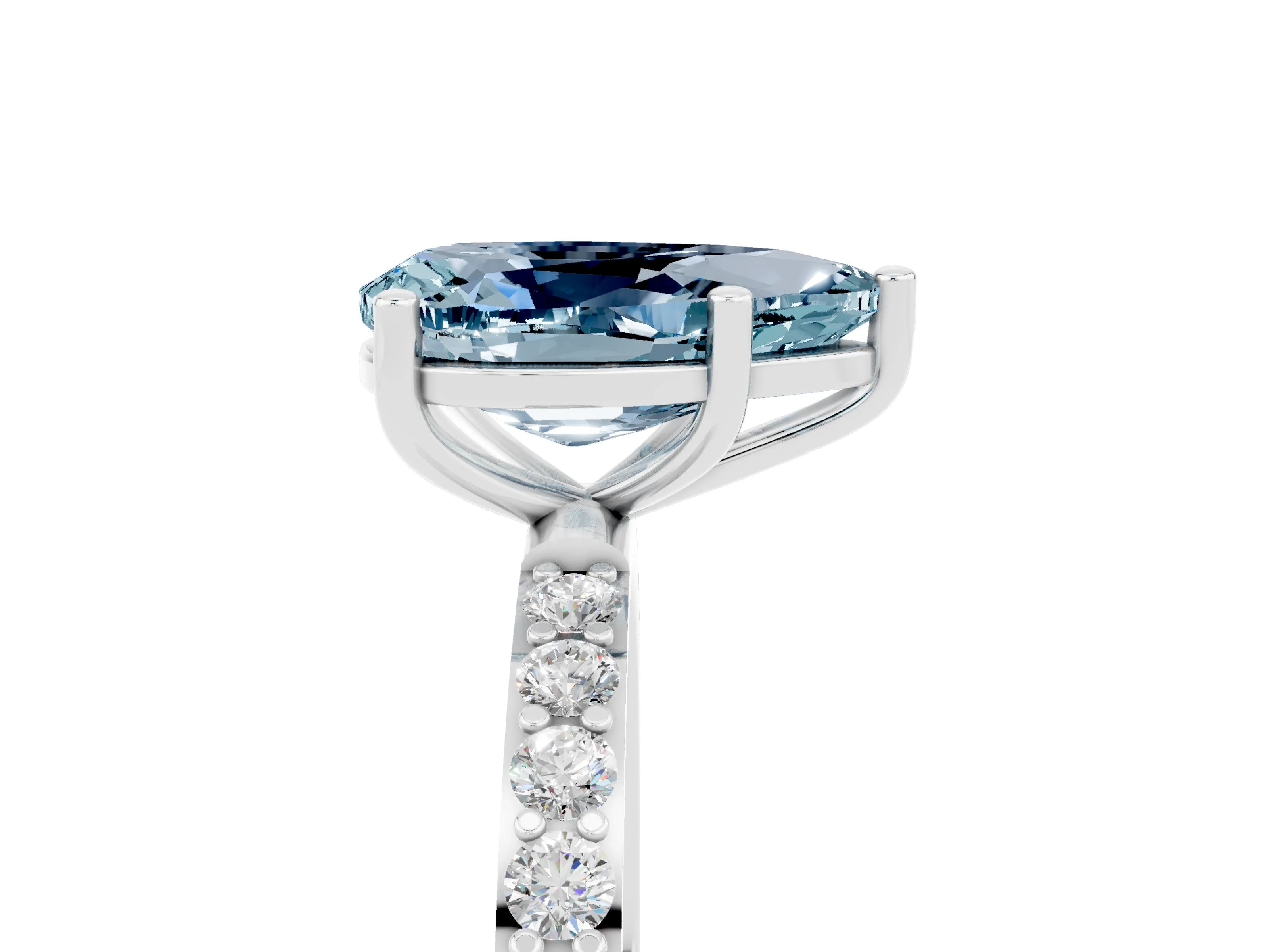 White gold Pear Cut Aquamarine Solitaire Ring with Pave Band and Four Prong Setting_17