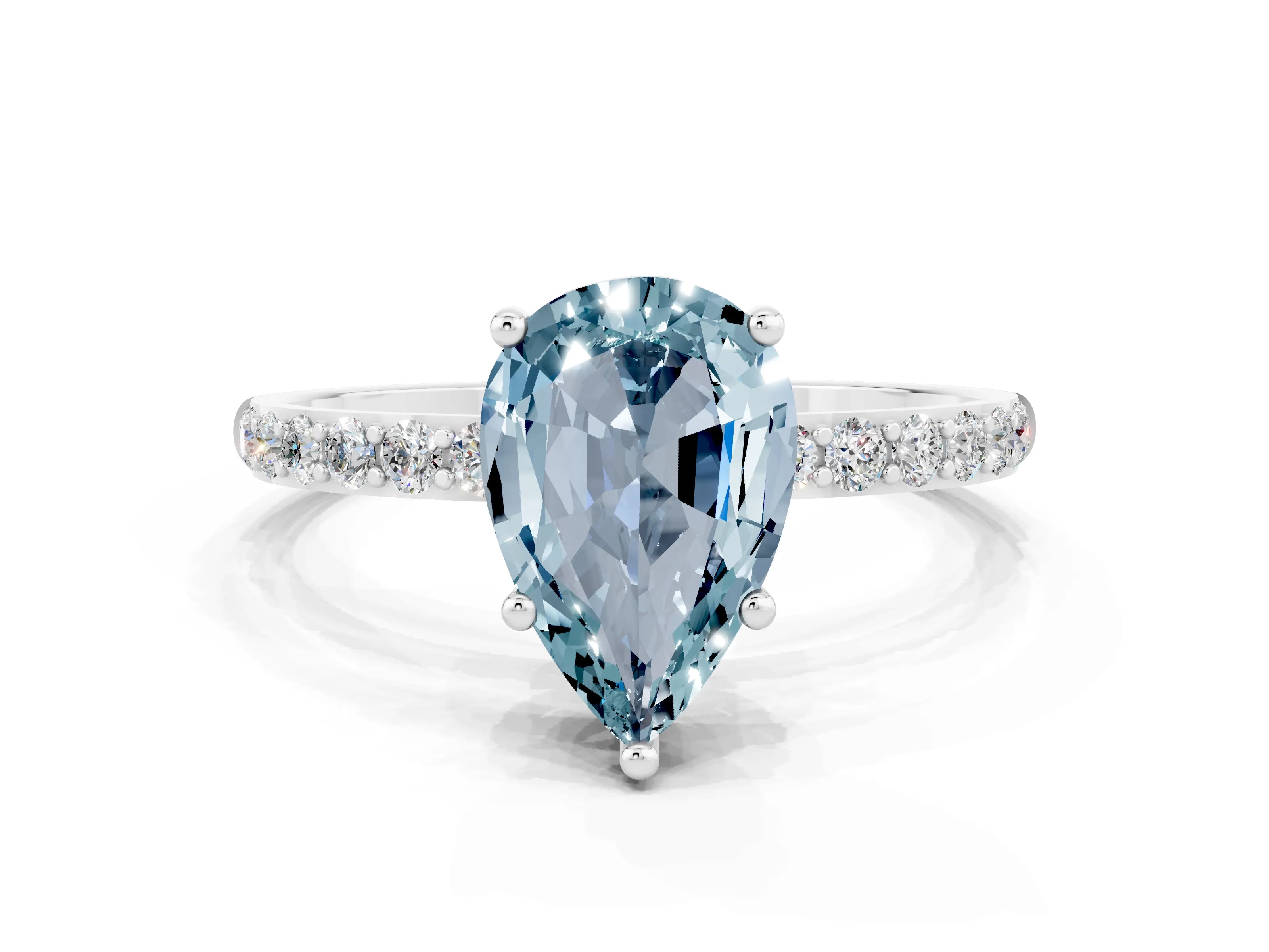 White gold Pear Cut Aquamarine Solitaire Ring with Pave Band and Four Prong Setting_24