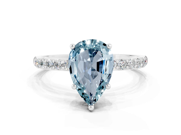 Platinum Pear Cut Aquamarine Solitaire Ring with Round  Pavé Band and Prong Setting