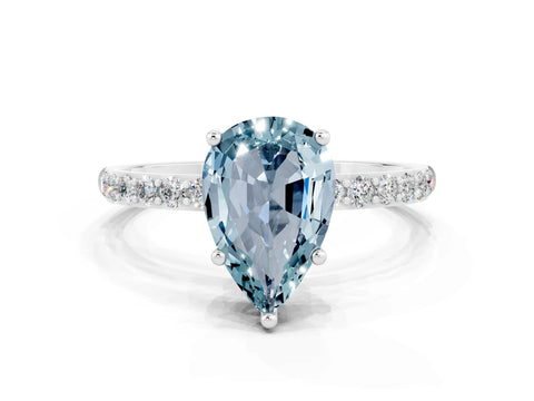 White gold Pear Cut Aquamarine Solitaire Ring with Pave Band and Four Prong Setting_24