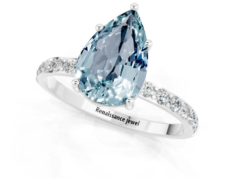 White gold Pear Cut Aquamarine Solitaire Ring with Pave Band and Four Prong Setting_25