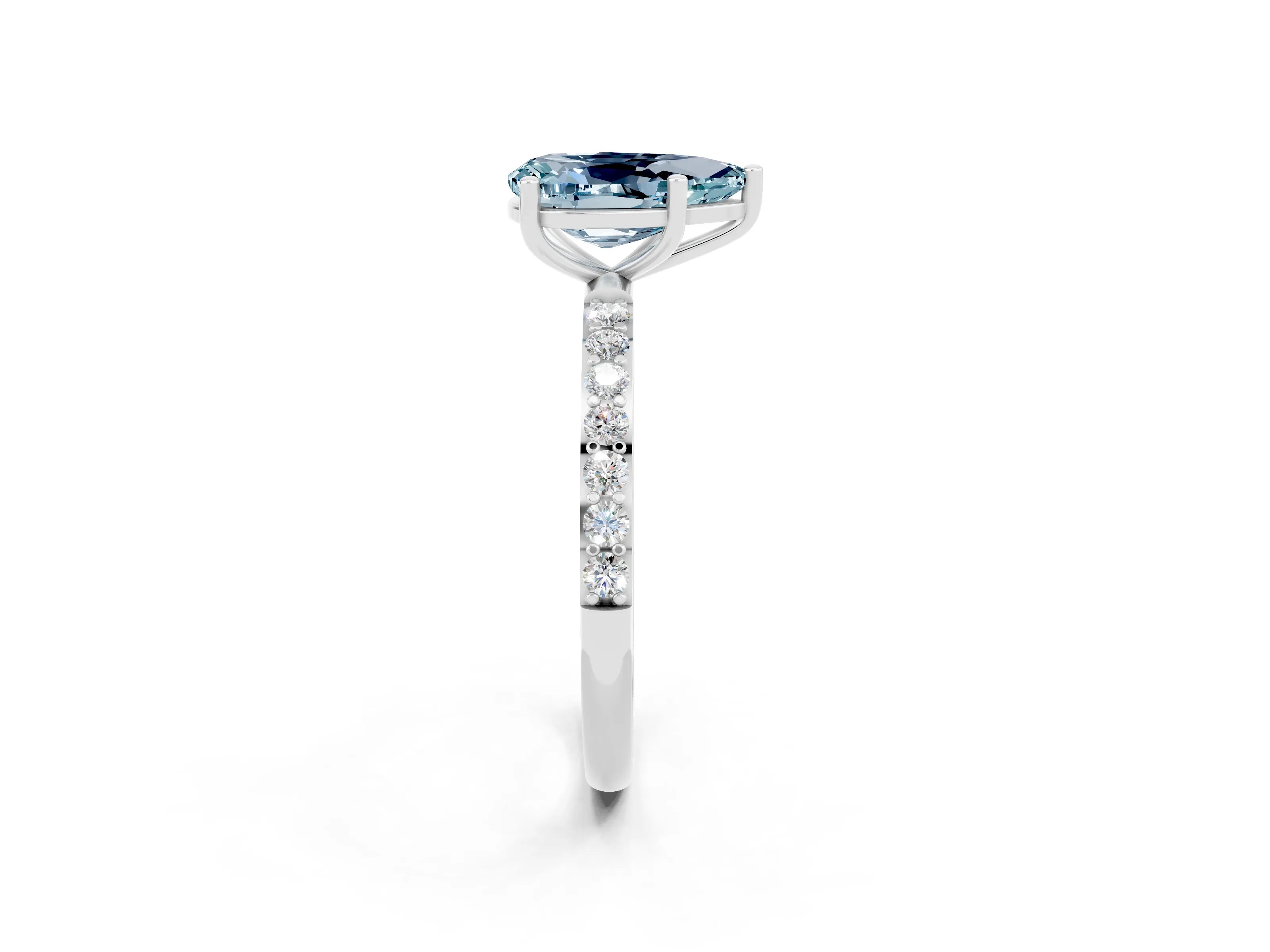 White gold Pear Cut Aquamarine Solitaire Ring with Pave Band and Four Prong Setting_26