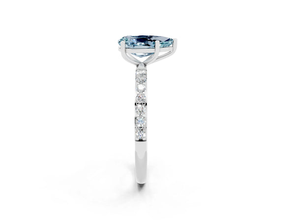 White gold Pear Cut Aquamarine Solitaire Ring with Round  Pavé Band and Prong Setting
