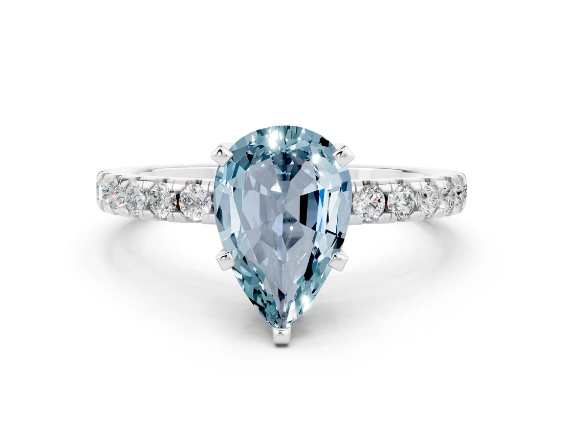 White gold Pear Cut Aquamarine Solitaire Ring with Round  Pavé Band and Four-Prong Setting_66