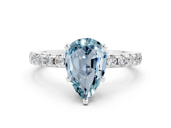 White gold Pear Cut Aquamarine Solitaire Ring with Round Pavé Band and Four-Prong Setting