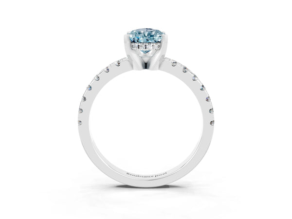 White gold Pear Cut Aquamarine Solitaire Ring with Round Pavé Band and Four-Prong Setting